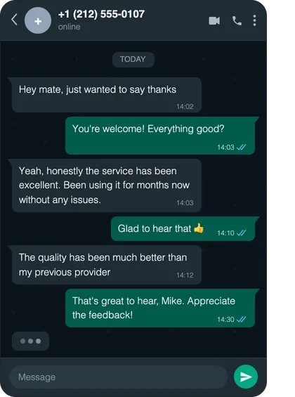 Chat screenshot: Long-time customer feedback