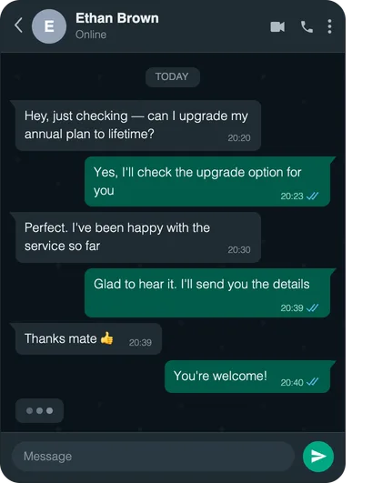 Chat screenshot: Upgrading to the lifetime plan