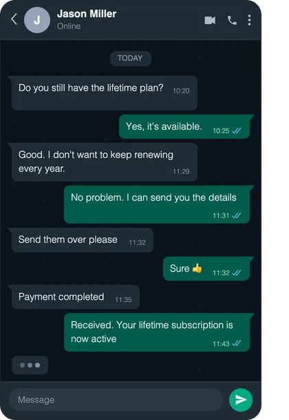 Chat screenshot: Lifetime plan upgrade
