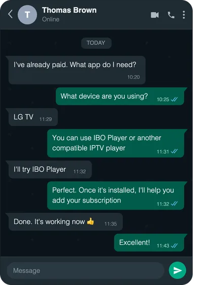 Chat screenshot: LG TV setup with IBO Player