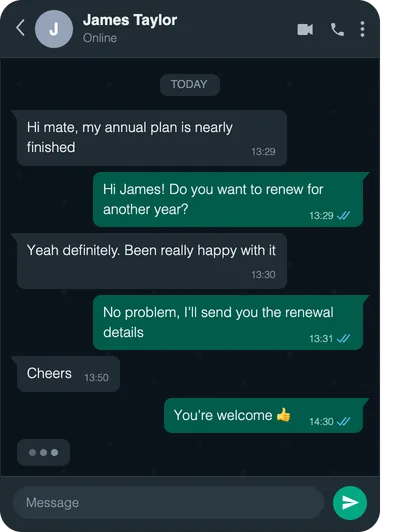 Chat screenshot: Annual plan renewal