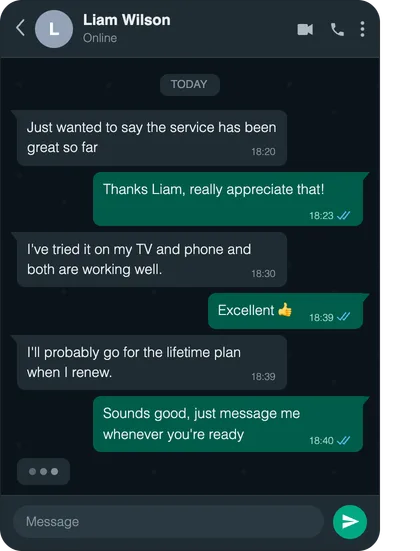 Chat screenshot: Positive service feedback