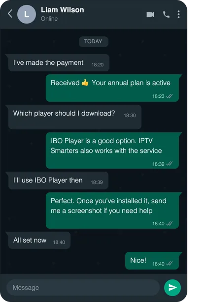 Chat screenshot: Payment confirmation & install