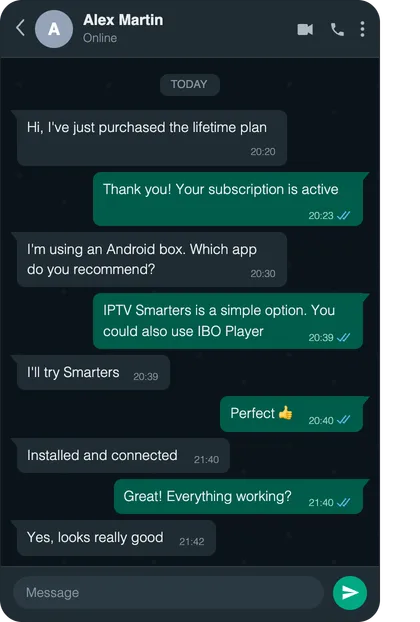 Chat screenshot: Lifetime plan on an Android box